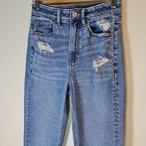 American Eagle Outfitters Size 2 Blue Distressed Style Straight Leg Mom Jeans